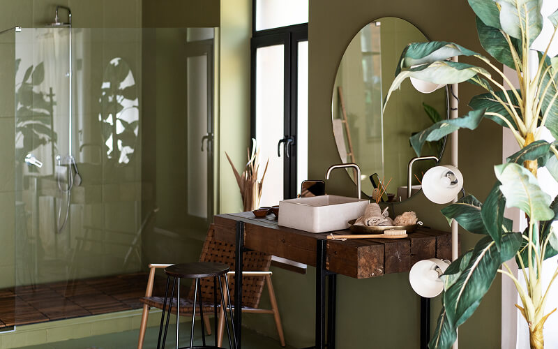 A stock photo of a spa-style bathroom.