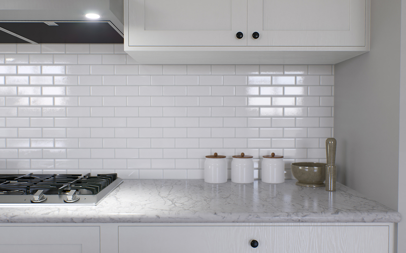 White kitchen with textured tiles