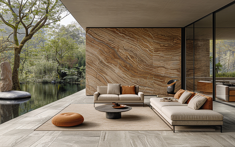 A close-up shot of mixed textures like wood, stone and fabric in a modern condo