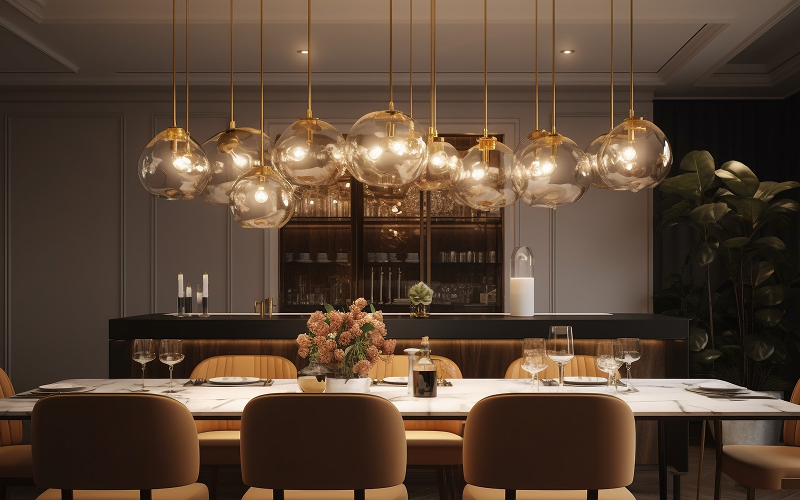 A stock photo of a dining room with centrepiece lighting.