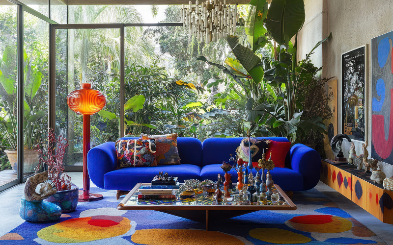 A colourful creative living room with eclectic décor