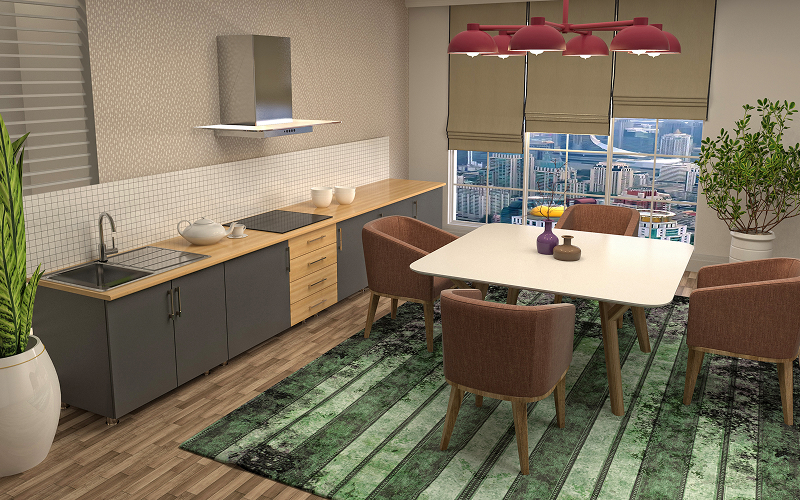 A flexible open kitchen layout with movable furniture and adaptable zones