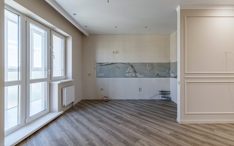 A stock photo of a living room before renovation.
