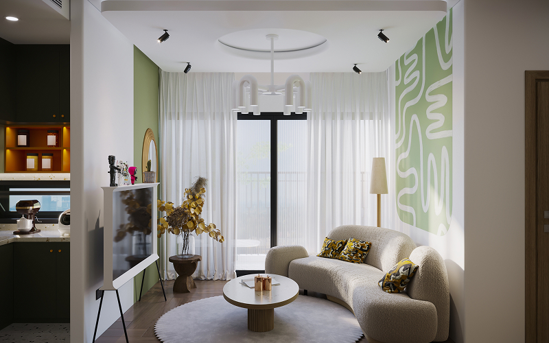 An image of a condo living room with décor.