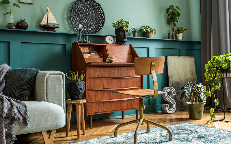 An image of a living room with repurposed vintage decoration.